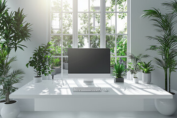 Poster - a minimalist desk with just a sleek monitor and a clean, white surface, emphasizing the streamlined 