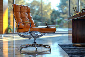 Poster - A lone office chair facing a large, empty desk with a single notepad, symbolizing the solitude and focus required for high-level business tasks.