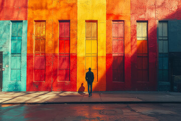 Canvas Print - A colorful, bustling street with one person walking alone, their shadow stretching behind them, morphing into a dark, looming figure, symbolizing loneliness and mental shadows.