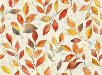 Wall Mural - Autumn leaves pattern, watercolor design with vibrant orange, red, and yellow foliage on a light background, ideal for seasonal projects and warm decor