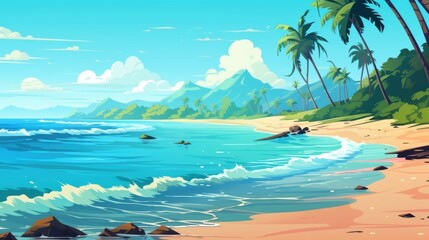 Wall Mural - Tropical Beach Scene with Palm Trees, Waves, and Mountains in the Distance