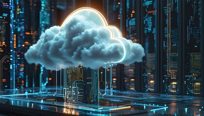 Illuminated cloud computing concept featuring vibrant circuit board designs and abstract cloud shapes, representing cutting-edge technology and digital storage.