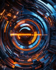 Poster - A detailed, high-tech abstract image featuring vibrant orange and blue circuitry patterns in a circular design.