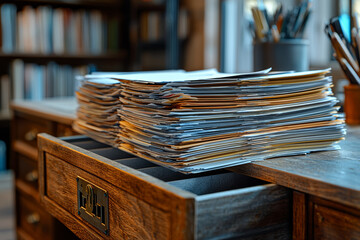 Poster - An office desk with an endless drawer, where papers and files keep appearing, showcasing the overwhelming amount of work in business. Concept of workload.
