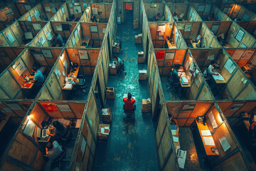 Aufkleber - a maze made of office cubicles with employees navigating through, depicting the complexity of corpor