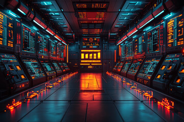 Aufkleber - A high-tech control room with screens displaying market trends and data, illustrating the role of technology in modern business. Concept of tech-driven business.