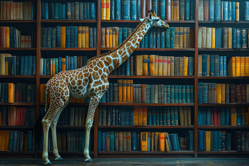 Poster - A giraffe reaching for books on a high shelf in a library, representing a quest for knowledge. Concept of reading.