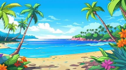 Wall Mural - Tropical Beach Scene with Palm Trees, Blue Water, and Colorful Flowers