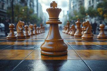 Poster - a giant chessboard with business executives as the pieces, emphasizing strategic decision-making in 