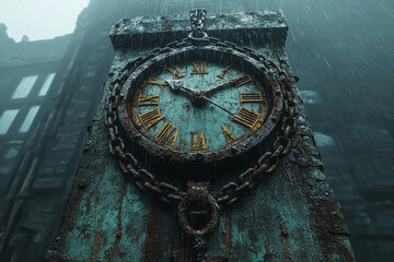 Poster - A giant clock tower where the hands are chains, binding a person to the ground, symbolizing the oppressive nature of time. Concept of time as a constraint on freedom.
