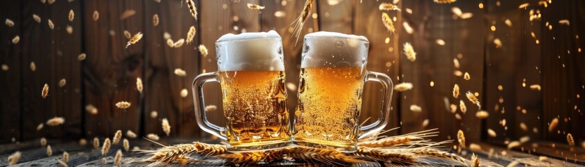 Cheers to craft beer: two frothy glasses amidst falling wheat grains AI