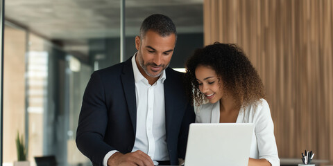 Businessman and business woman working on a IT or financial project on a laptop with a beautiful office background bokeh