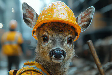 Sticker - A deer working at a construction site, wearing a hard hat and using tools, symbolizing manual labor. Concept of work.