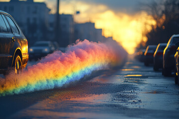 Poster - A car exhaust pipe releasing a rainbow instead of smoke, juxtaposing pollution with the illusion of beauty. Concept of greenwashing and environmental deception.