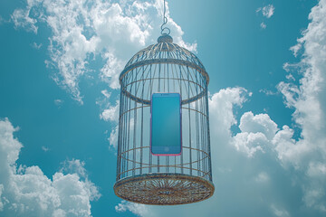 Wall Mural - A birdcage hanging in the sky, but inside is not a bird, but a smartphone, showing how technology confines us. Concept of digital addiction and loss of freedom.