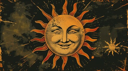 hand-drawn illustration of a smiling sun with a distressed background