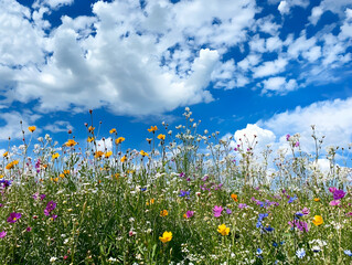 A clear blue sky with white clouds above a field of wildflowers.


