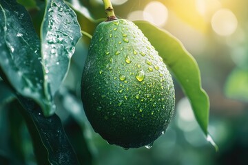 a fresh green avocado fruit with water droplet on tree blurred background