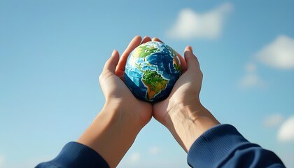 Sticker - Hands Cradling a Miniature Earth Amidst a Clear Blue Sky Symbolizing Environmentalism and Planetary Fragility