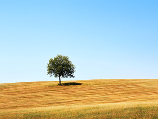 A single tree standing alone in a wide open field.


