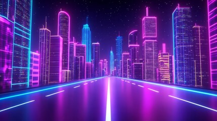 A neon-lit street with futuristic buildings and vibrant colors creates a dynamic cityscape under the starry sky at night