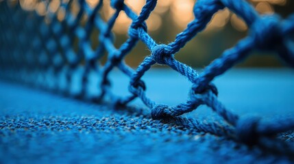 A close-up of a blue rope net with intricate knots, showcasing the texture and detail of the woven material