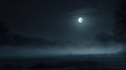 A dark night sky with a large moon and a few trees in the background