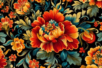 Wall Mural - Flower and leaf pattern with vibrant colors.