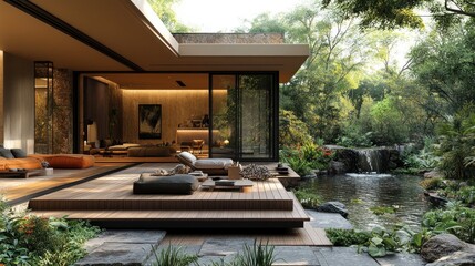 Sticker - Modern House with a Peaceful Pond and Waterfall