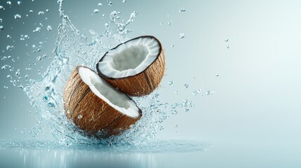 Tropical Bliss - Levitating Coconut Halves with Frozen Droplets on White Background