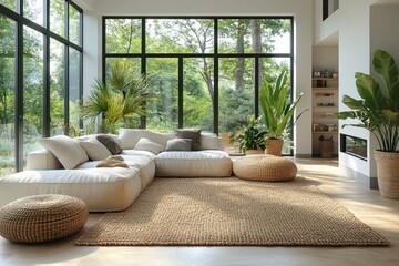 Poster - Modern Living Room with Large Windows and Natural Elements