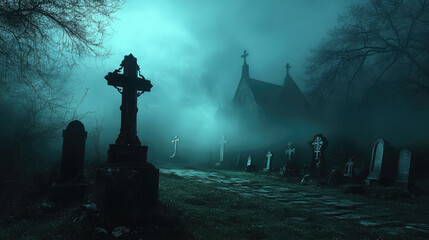 Wall Mural - A graveyard with a cross and a church in the background