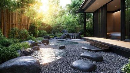 Serene garden with stones, water, and modern architecture.