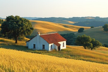 Canvas Print - Rural Cottage in a Golden Field