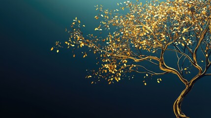 A beautiful golden tree with delicate branches and leaves, set against a dark light-blue background, creating an elegant artistic look