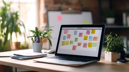 Poster - Digital Kanban Board Displayed on Laptop with Sticky Notes and Whiteboard
