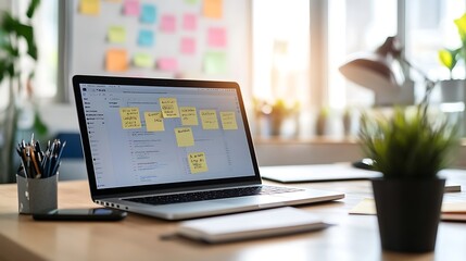 Poster - Digital Kanban Board Displayed on Laptop with Sticky Notes and Whiteboard