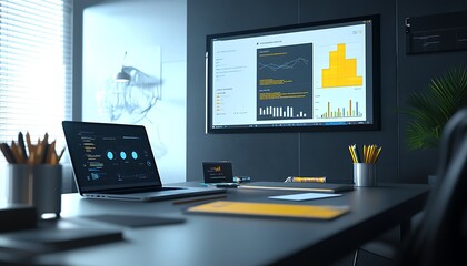 Poster - Modern Office with Digital Kanban Board Projected on Large Screen