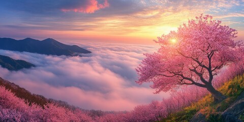 Wall Mural - A stunning landscape featuring a blooming cherry blossom tree against a colorful sunset. The hills are adorned with pink flowers, creating a serene and peaceful atmosphere. AI