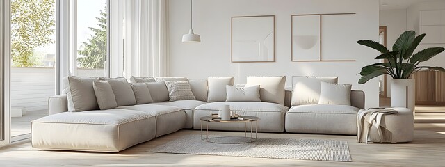 Wall Mural - Cozy and Inviting Modern Living Room with a Large Comfortable Sectional Sofa and Minimalist Stylish Decor  Bright and Airy Space Filled with Natural Light Soothing and Peaceful Atmosphere