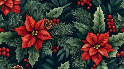 Poster - Winter seamless pattern with holly berries.
