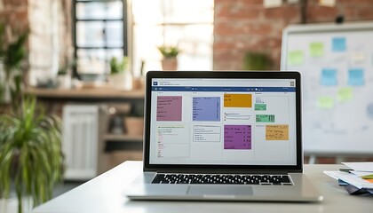 Poster - Laptop Displaying Digital Kanban Board with Whiteboard and Flowcharts