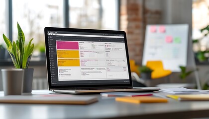 Poster - Laptop Displaying Digital Kanban Board with Whiteboard and Flowcharts