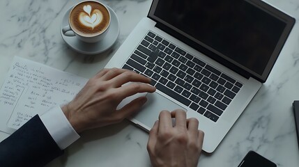 Poster - Close-Up of Businessperson Typing on Laptop with Coffee and Notepad