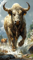 Wall Mural - Powerful Bull Charging Through Water: A Majestic Animal Portrait