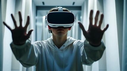 Poster - Young man is experiencing virtual reality using a vr headset and interacting with the digital environment in a futuristic setting