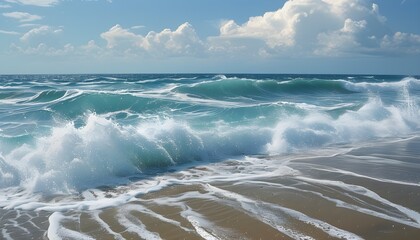 gentle waves caressing the sandy shore under a clear blue sky