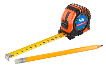 Poster - Tape measure with pencil, 3D rendering isolated on transparent background