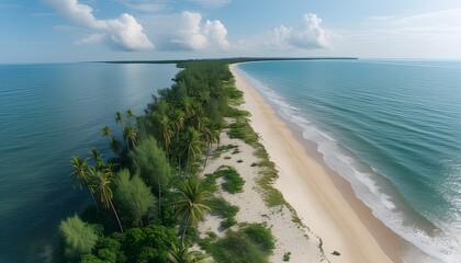 Elevated Panorama of Trees, Sandy Beach, and Azure Sea