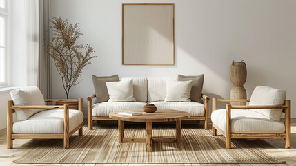 A clean and cozy living room featuring minimalist design elements, with wooden sofa and armchairs, complemented by round coffee table and decorative accents